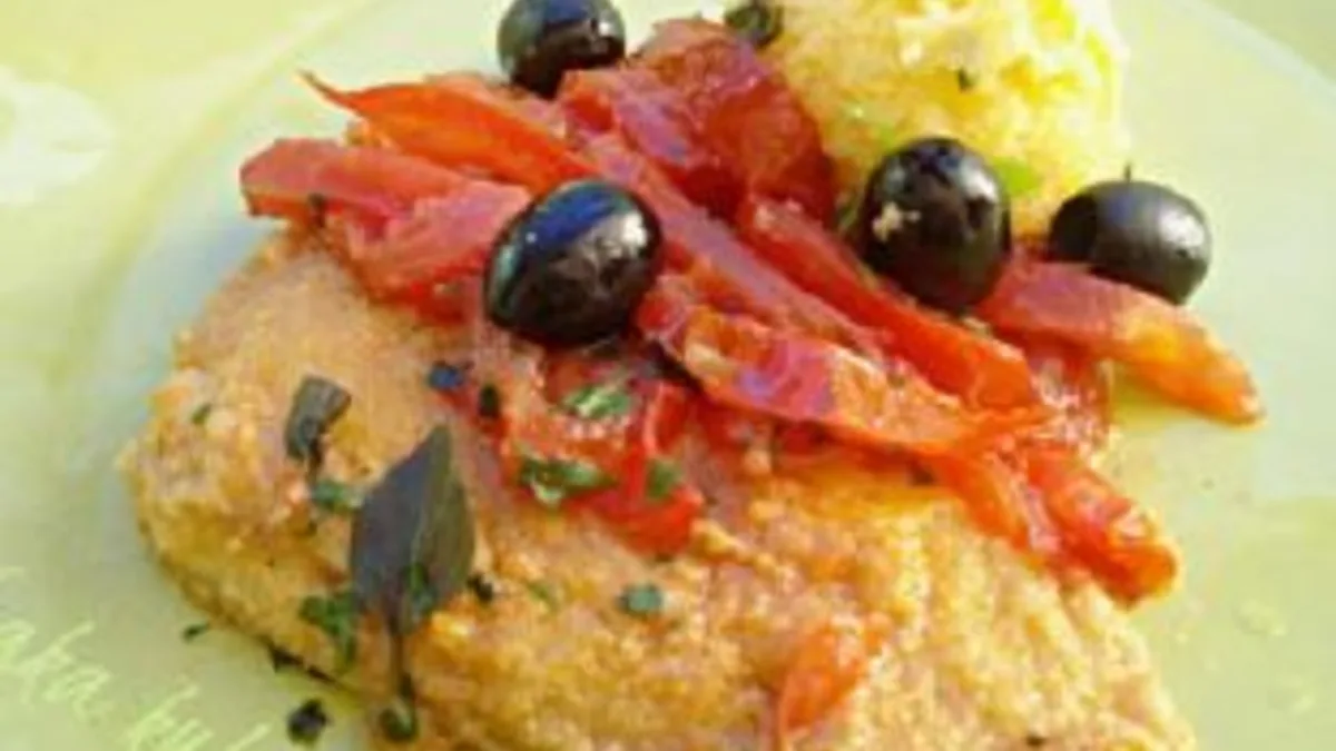 Cod with tomatoes, olives and polenta