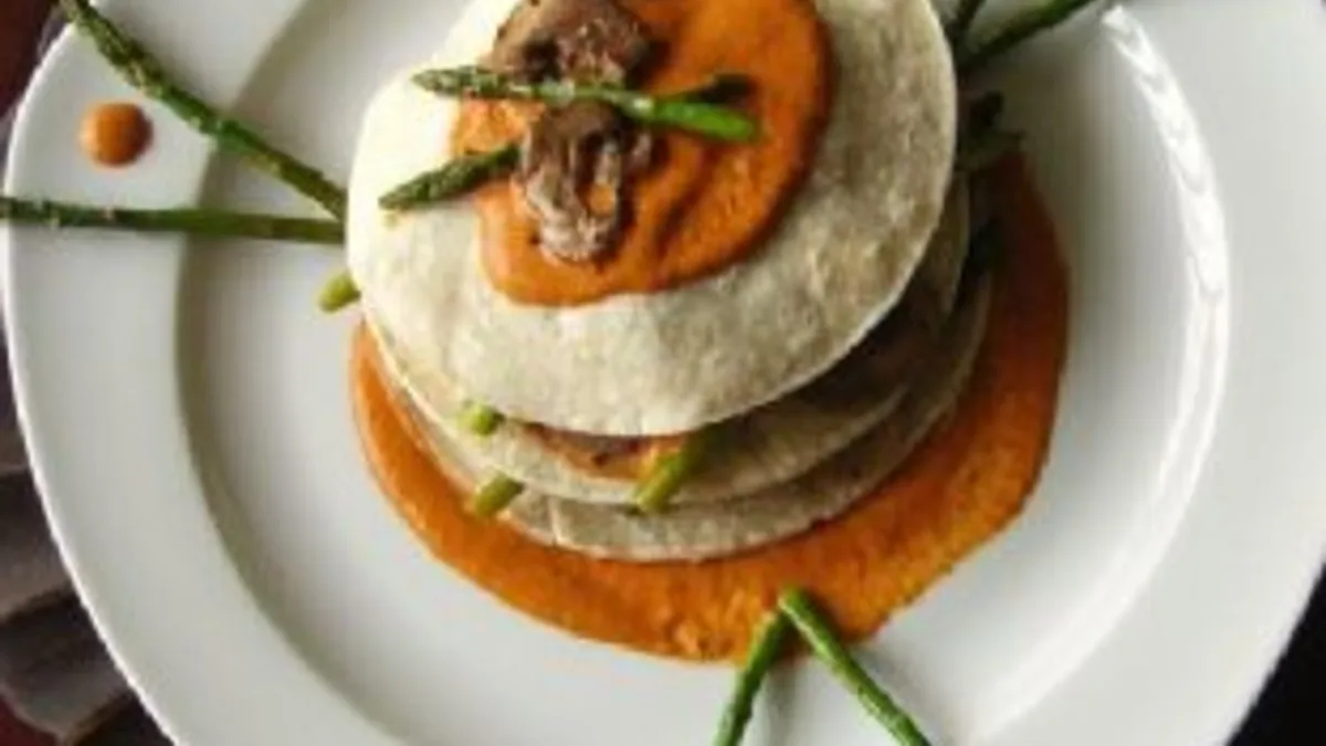 Corn Tortilla and Veggie Stacks With Red Pepper Coulis
