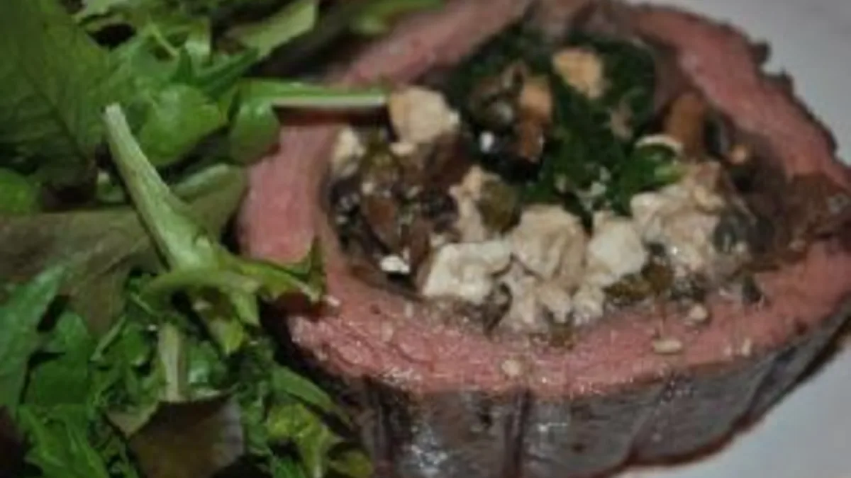 Flank Steak Stuffed With Mushrooms and Feta Cheese