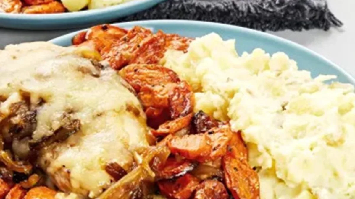 French Onion Chicken with Roasted Carrots & Mashed Potatoes