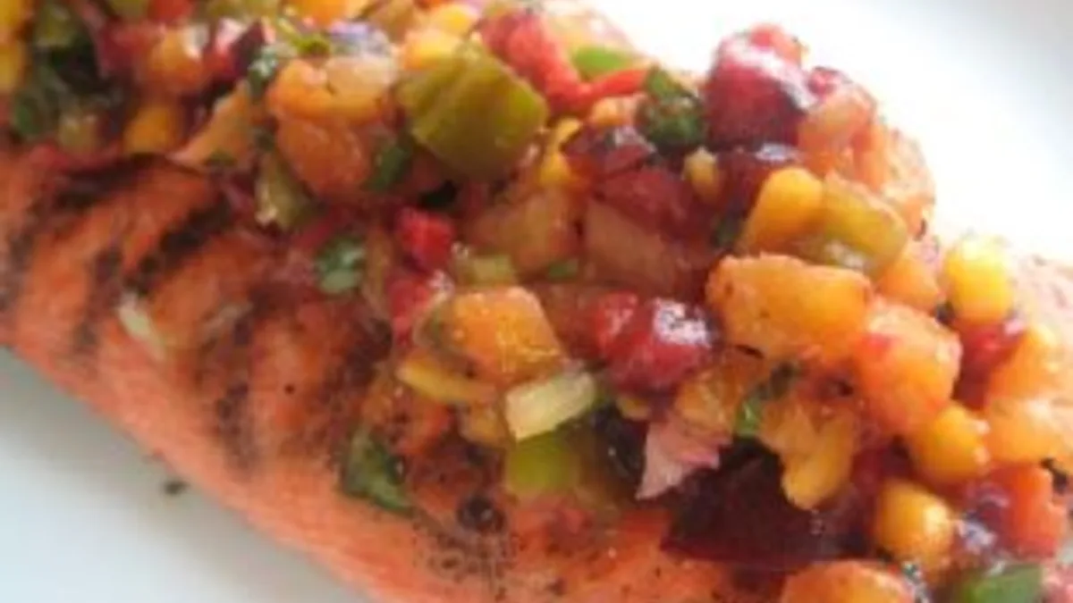 Grilled Salmon With Cherry, Pineapple, Mango Salsa