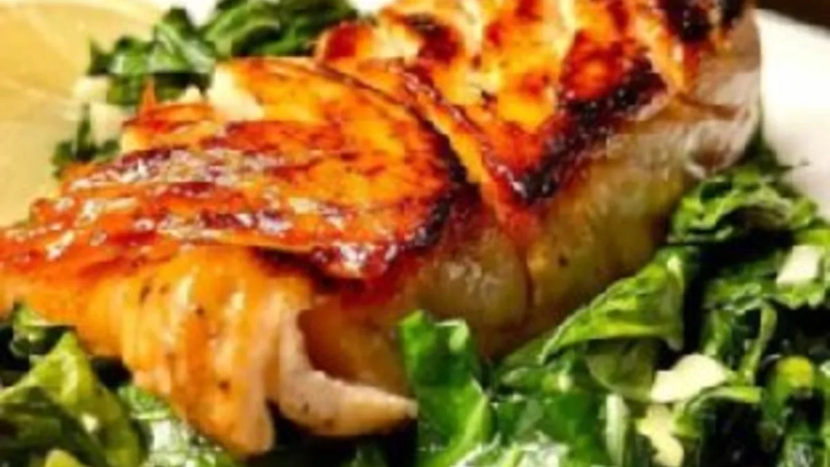 Pan-Seared Honey Glazed Salmon with Collard Greens