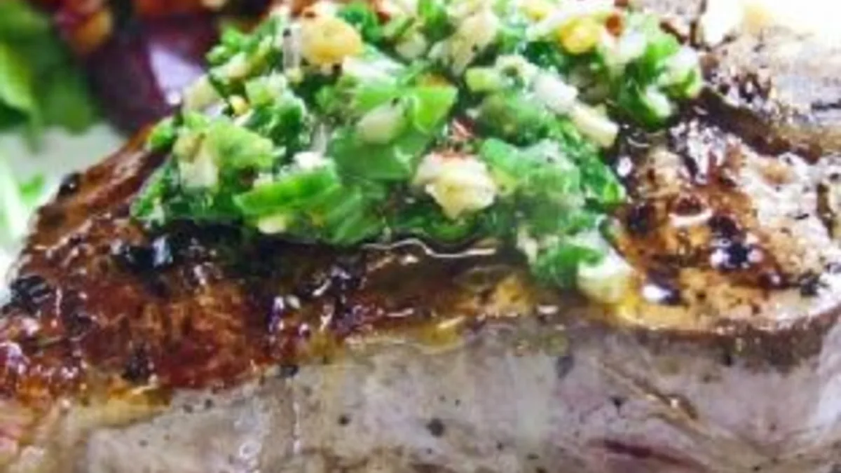 Pan Seared Lamb Loin With Chimichurri & Roasted Trio Squash Salad With Goat Cheese and Pinenuts