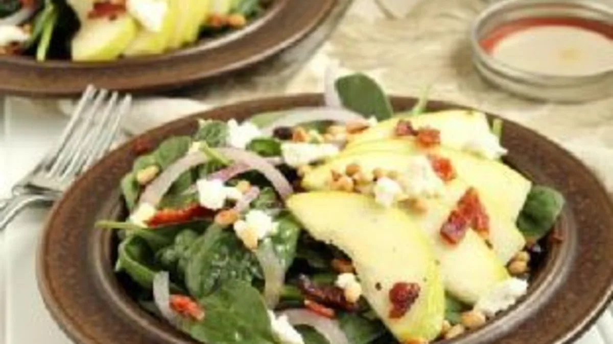 Pear, Goat Cheese and Spinach Salad with Warm Maple-Bacon Dressing