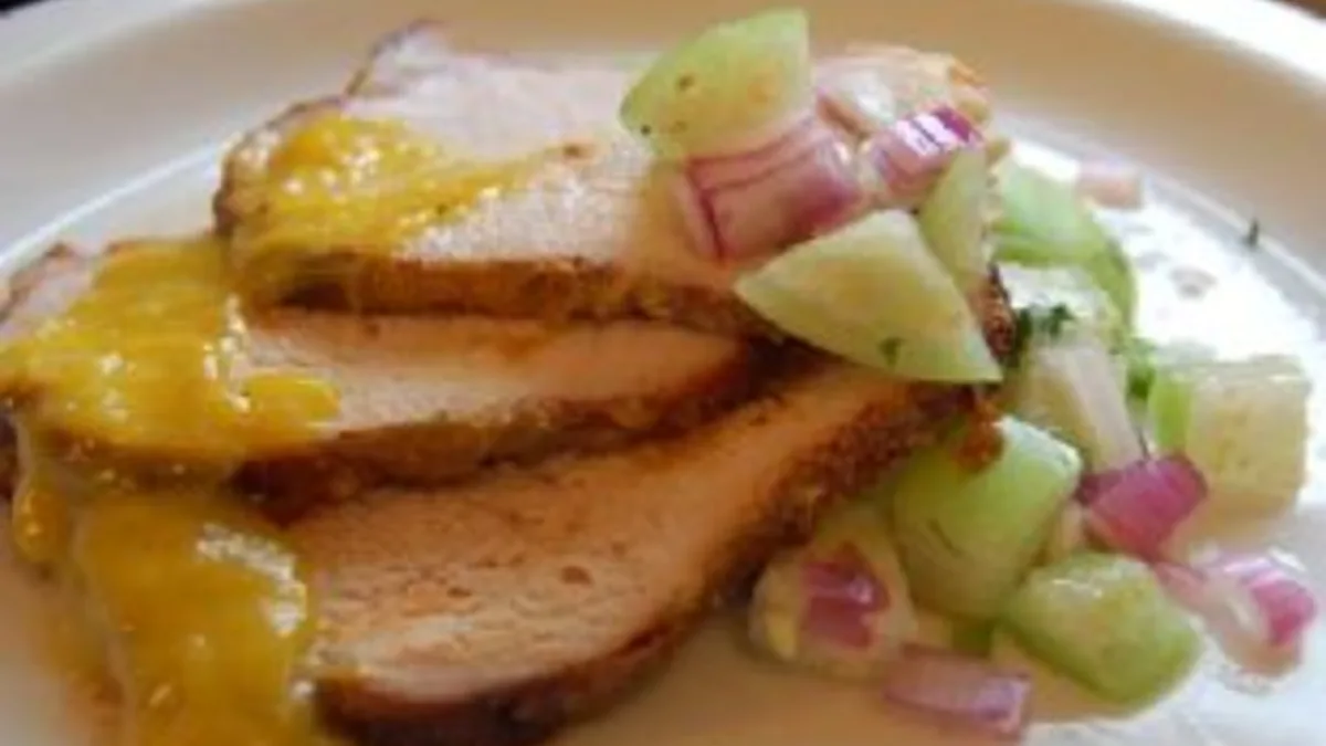 Pork Tenderloin With Mango-Kiwi Glaze Served With Tomatillo Salsa