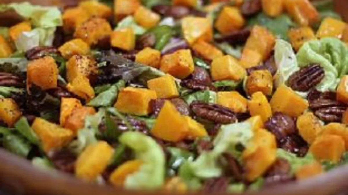 Roasted Butternut Squash, Pecan, Bacon, Mix Green & Baby Spinach Salad With Maple Syrup Vinaigrette