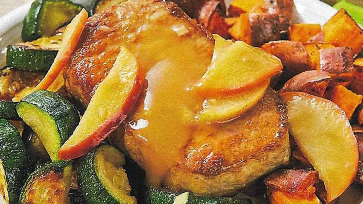 Skillet Apple Pork Chops with Roasted Sweet Potatoes & Zucchini