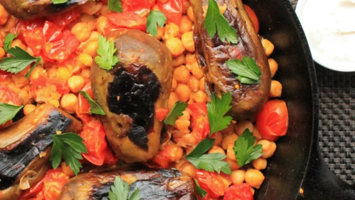 Stovetop Eggplant With Harissa, Chickpeas, and Cumin Yogurt